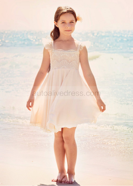 Blush Pink Lace Chiffon Knee Length Flower Girl Dress